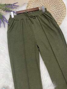 High-Waisted Wide-Leg Pants With Crease, Plain Wool, For Winter. - Army Green - View 3