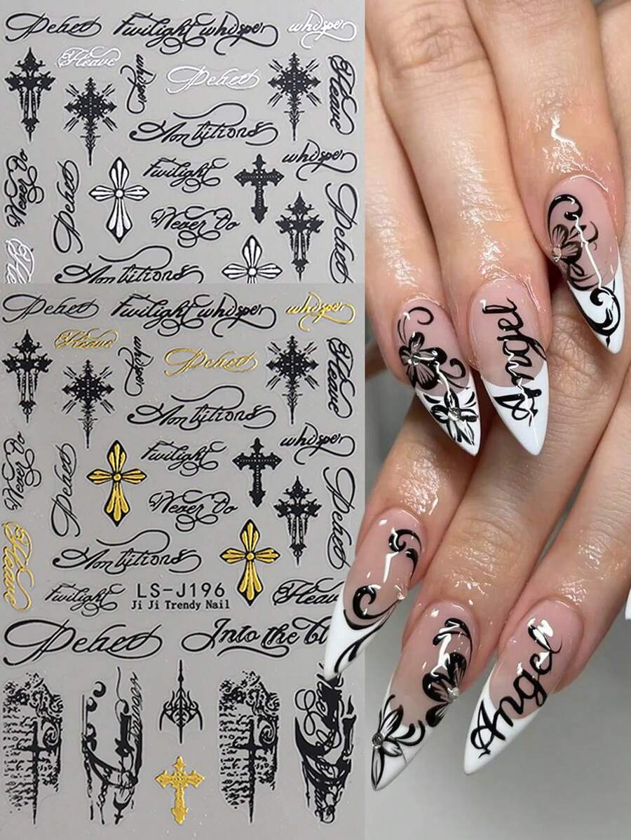 Cross-Shaped Gold & Silver Punk Style Nail Stickers, Waterproof Self-Adhesive Disposable Nail Stickers With Special Fonts And Patterns, Suitable For Natural Nails/Manicure - Multicolor - View 1