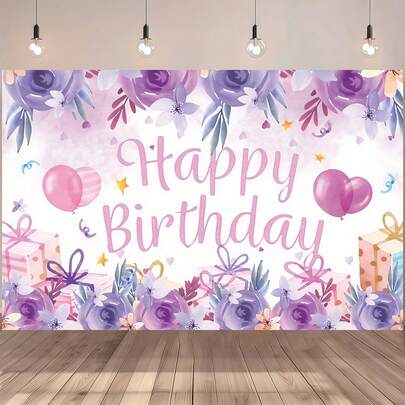 1 Happy Birthday Banner Background - Purple Floral Watercolor Design, Multi-Purpose For Indoor And Outdoor Use, Cake Table, Birthday Party, Family Activities, Indoor And Outdoor Celebration Decorations, Photo Booth Props, Perfect Gift