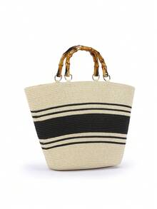 BAILEE 1个卡其色条纹竹编手柄手提包，拉链封口，菱形图案撞色设计，休闲度假轻便大容量沙滩包，女士通勤包，教师节礼物，商务/办公，节日，户外运动，夏季礼物 - 米色 - 查看 5