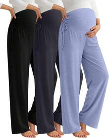 ¡RecomendadoNeer - Paquete de 3 pantalones de maternidad para mujer sobre el vientre, holgados para embarazo, pantalones elásticos de pierna ancha con bolsillos¡Top de Temporada - Gris claro, gris oscuro, negro - Ver 3