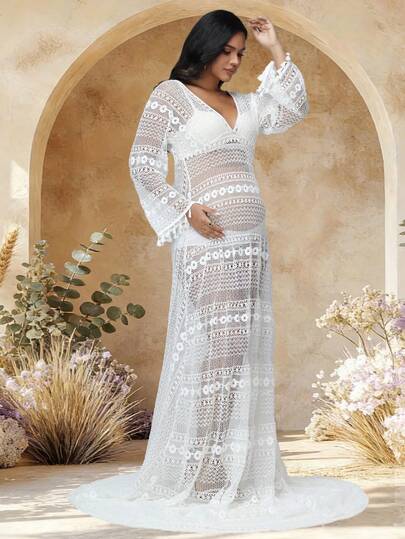 JustVH Maternity Lace Tassel Long Sleeve Long Robe, V-Neck Design, Solid Color, Suitable For Photography, Women's Clothing