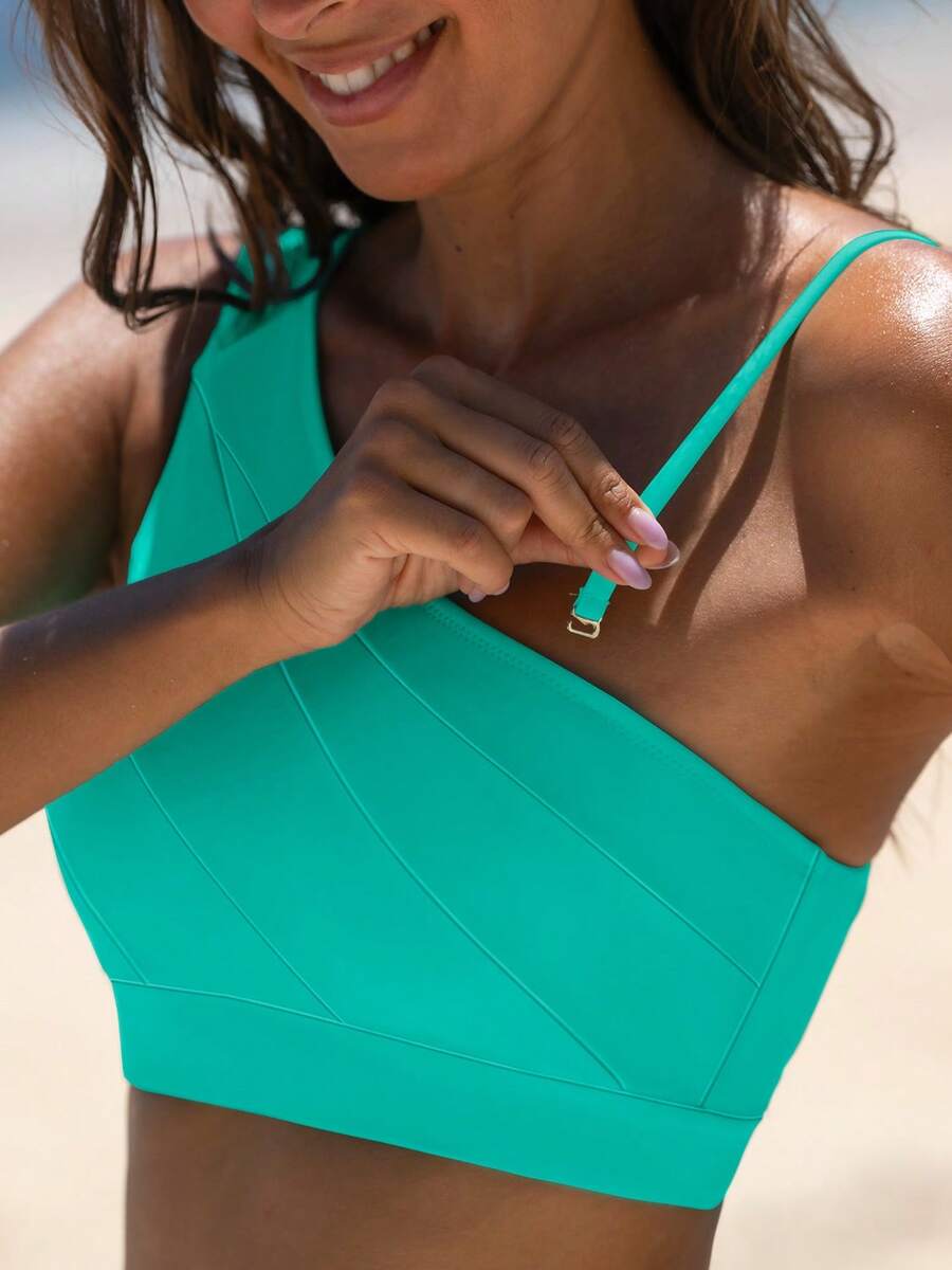 popvil Women's Colorblock One-Shoulder Bikini Set, Suitable For Summer Vacation And Beach Wear - Green - View 1