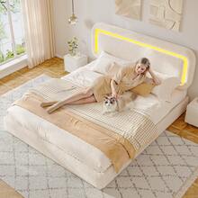 EnHomee Boucle Cloud Bed Frame With LED Lights Headboard Upholstered Bed Frame With Curved Edges Design, Anti-Collision Soft Platform Bed, Easy Assembly, Beige - Beige - View 5