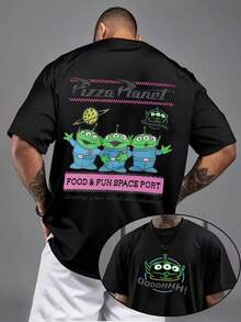 Disney 1 [Authorized] Men's T-Shirt Men's Black Casual Summer T-Shirt-Full Of Dynamic Toy Story Pattern, Green Cute Cartoon Pattern Design, Regular Version, Machine Washable, Suitable For Sports, Travel And Gifts, - 黑色 - 查看 1