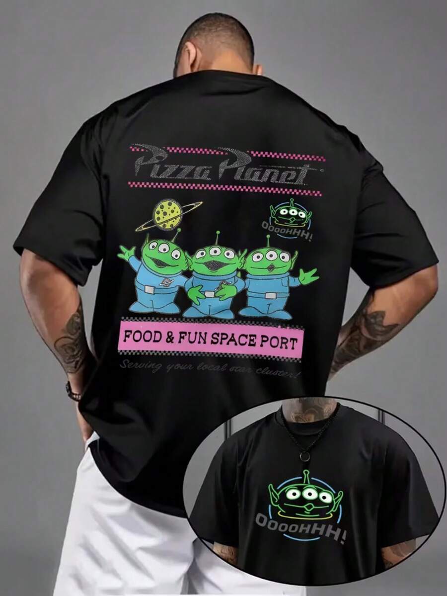 Disney 1 [Authorized] Men's T-Shirt Men's Black Casual Summer T-Shirt-Full Of Dynamic Toy Story Pattern, Green Cute Cartoon Pattern Design, Regular Version, Machine Washable, Suitable For Sports, Travel And Gifts, - 黑色 - 查看 1