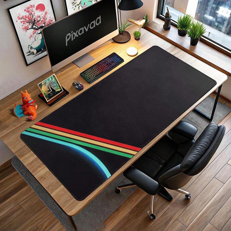 黑色极简主义游戏鼠标垫，复古科幻条纹超大桌面垫，带防滑橡胶底座，极简主义办公键盘垫，现代太空地平线设计 - A - 查看 1