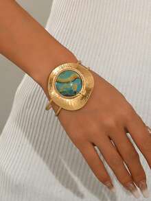 1pc Fashionable Geometric Open Bangle Bracelet, Suitable For Mother's Day, Party, Vacation, Holiday, Casual Daily Wear - Yellow Gold - View 8