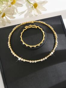 优雅女士金色水晶项链手链套装，闪耀水晶网球项链及配套手链，晚宴、鸡尾酒会等场合的奢华礼物 - 1753-HB金色 - 查看 4