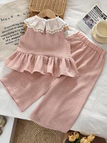 bearleader 3-7 Years Girls Summer 2pcs Outfit, Solid Color Lace Sleeveless Top Paired With Pink Pants, Casual Set - 粉色 - 查看 2