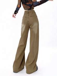 高腰复古美式修身直筒九分女式牛仔裤，休闲春季款 - 卡其色 - 查看 11