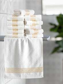 12 PCs 30x50cm - Greek Pattern Hand Towel Set - 100% Cotton - White - View 2