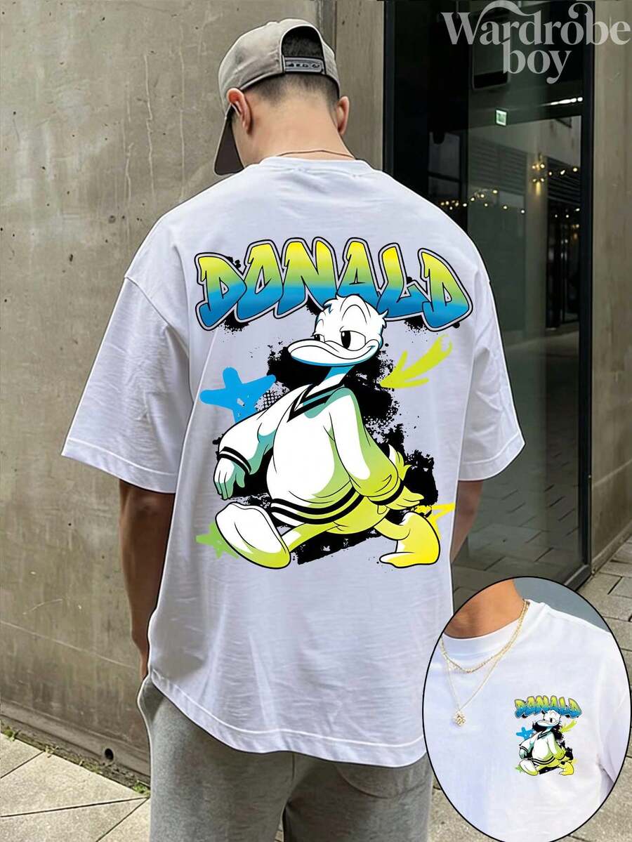 Disney Printed T-Shirt,Men's Graffiti Donald Duck Printed T-Shirt,Unisex,High-Quality Pure Cotton T-Shirt,Suitable For All Seasons, Comfortable And Breathable| Exquisite Design | The Best Choice For Giving Gifts - 白色 - 查看 1