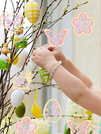 13pcs Easter Spring Wooden Hanging Decor Set - Includes Jute Rope, Rabbit, Eggs, Hearts, Butterfly, Floral Hollow Ornaments; Easter Party Decorations, Easter Tree/Wreath Hanging Charms, Easter Gifts, Easter Table Decor, Easter Box Ornament Tags, Easter Planter Decor, Easter DIY Craft Supplies, Suitable For Easter Atmosphere Decoration, Gift Wrapping, Party Favors, Spring-Themed Events