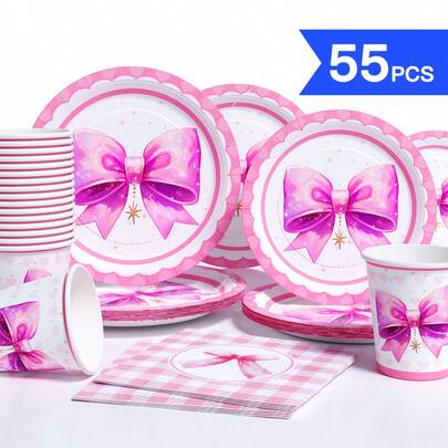 Pink Floral Wreath & Bow Disposable Plates, Napkins, Cups - 10 Guest Set, One-Time Party Supplies Suitable For Birthday, Wedding, Theme Party, Family Picnic