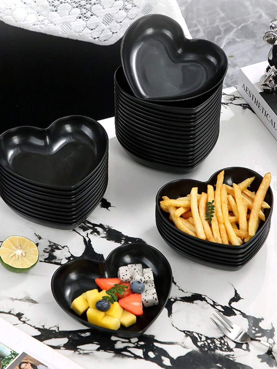 11pcs Heart-Shaped Plate Set With Stands, Plastic Snack & Breakfast Plates, Essential Kitchen Accessories, Black - Heart-shaped Plate - View 1