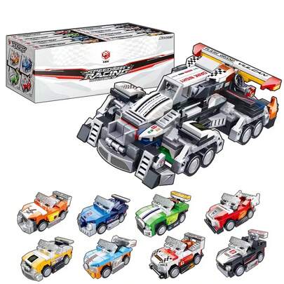 Juego de bloques de construcción de carreras 8 en 1. Bloques de construcción de carreras para niños y adultos,clásico súper coche de carreras juguete de bloques de construcción