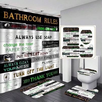 Waterproof Bathroom Decor Set - 1/4 Pcs Letter Wood Pattern Shower Curtain Set, Bathroom Rug, U-Shaped Mat, Toilet Seat Cover, 12 Plastic Hooks, Easy To Clean