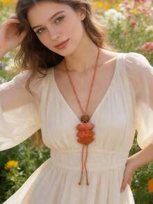 A Folk-Style Antique Amber Pendant Necklace With A Free-Form Safety Buckle, A Long Linen Rope Necklace. - Multicolor - View 1
