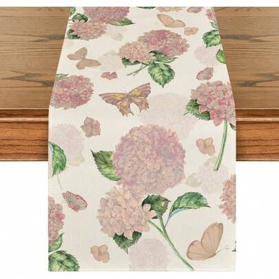 1PC Pink Hydrangea Butterfly Spring Table Runner, Seasonal Summer Holiday Kitchen Dining Table Decoration, Home Party Decor 33.08 X 182.88 Cm
