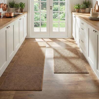 1pc Nordic Style Rectangular Brown Jute Look Waterproof Fabric Kitchen Mat/Rug, Easy To Clean, Suitable For Kitchen, Dining Room & Year-Round Use,Fall Decor,Autumn Decor,Room Decor