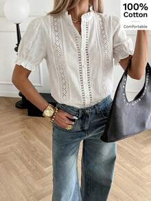 Áo sơ mi nữ màu trắng thanh lịch, chất liệu 100% cotton, thêu ren, tay phồng, cài cúc phía trước, cổ bèo nhún, thích hợp mặc đi làm hàng ngày. - trắng - Xem 6