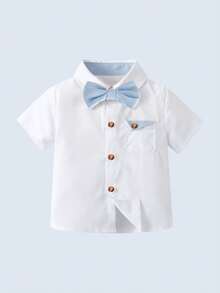 BOARNSEORL 2pcs Young Boys Gentleman Outfit - White Shirt With Bow Tie And Blue Suspender Pants, Suitable For Birthday Party, Formal Event, Wedding, Baby Shower - Blue and White - View 6