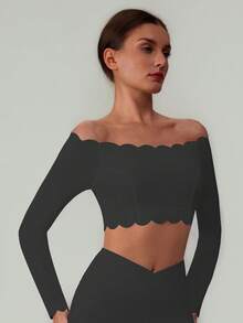 女士露肩蕾丝长袖瑜伽上衣T恤，带可拆卸胸垫 - 黑色 - 查看 7