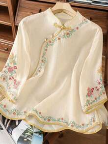 JIANHU 春夏刺绣立领上衣，现代中式纽扣设计，宽松优雅百搭白色度假风上衣 - 白色 - 查看 2