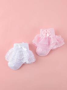 2双装棉质女童双层蕾丝边舞蹈袜，幼儿蝴蝶结袜 - 彩色 - 查看 2
