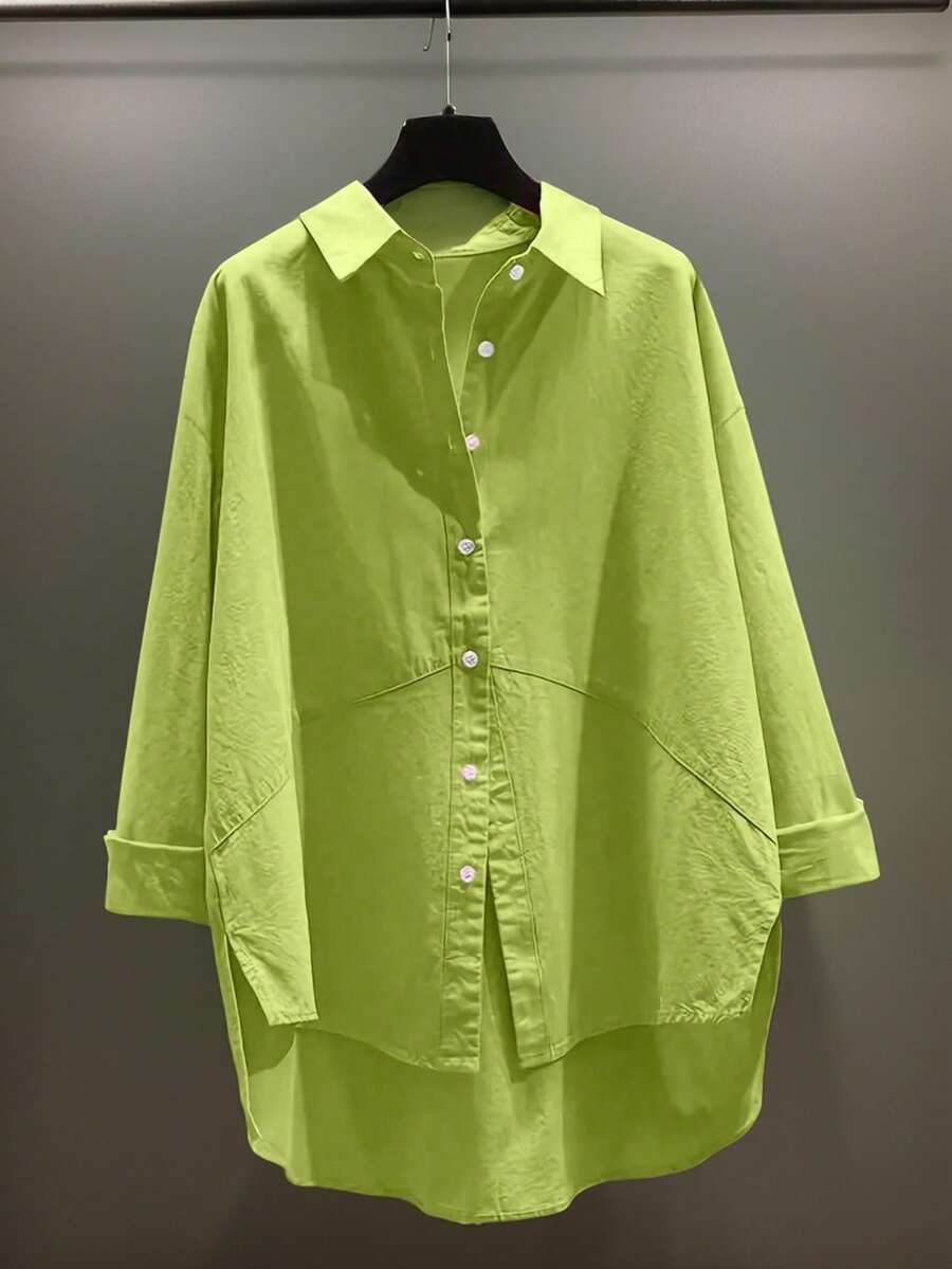 Women's Solid Color Simple Daily Button Up Shirt - Green - View 1
