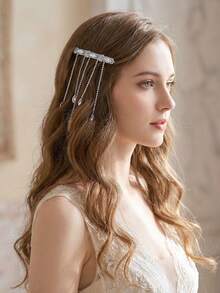 1pc Shiny Silver Rhinestone Tassel Hair Clip, Minimalist Dynamic Duck Clip Headpiece, Suitable For Bride, Wedding, Graduation, Holiday, Carnival Party, Casual Daily Wear - Silver - View 2