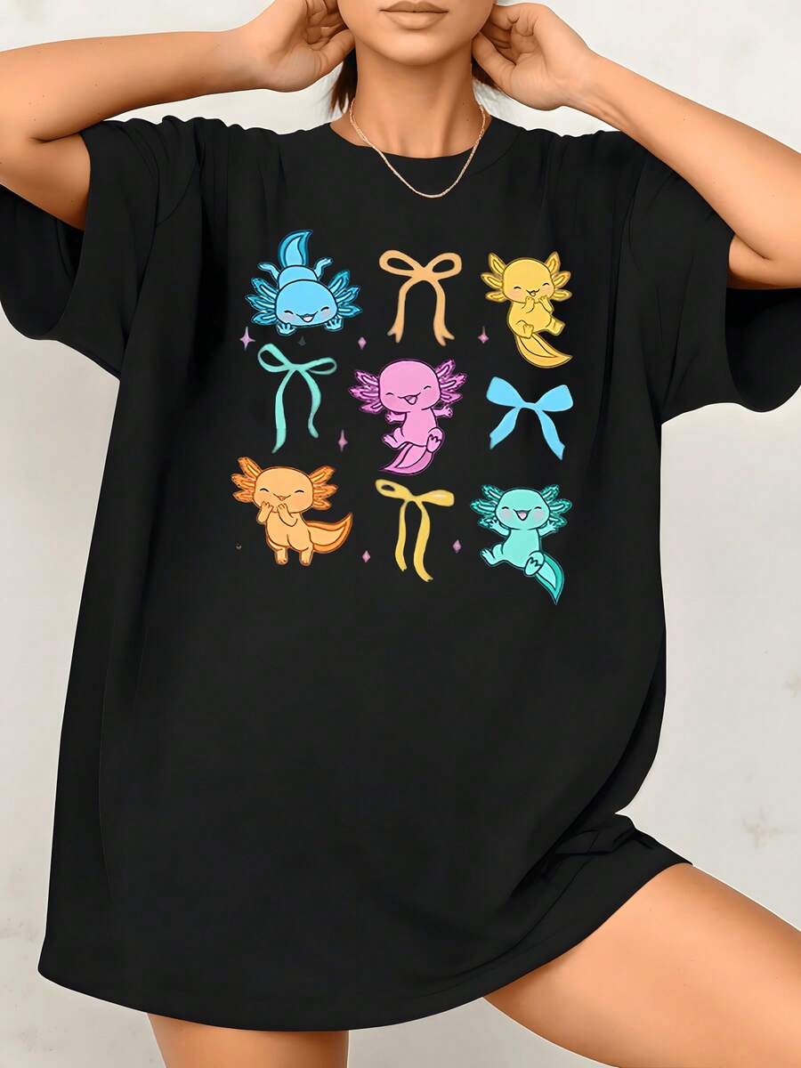 Adorables ajolotes de colores con lazos representan ternura y alegría entre estrellas que evocan energía mágica y encanto juvenil camiseta de mujer casual 220g suave y cómoda - Negro - Ver 1