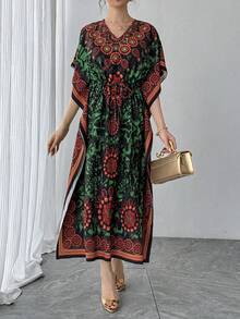 Loose V-Neck Allover Print Dress, High-End Quality Casual Reversible Tie-Waist Slimming Holiday Dress, Middle Eastern Arabic Style Long Robe Gown, Traditional Arab Clothing, Perfect Festival Gift For Ramadan, Eid, New Year - Green - View 4