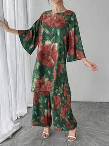 女士两件套，全身印花圆领长款套头衫 + 印花弹力腰阔腿裤，优雅女士套装，奢华绿色套装，正式晚宴派对假日装束，阿拉伯风格，送给妈妈、女儿、朋友、妻子的完美礼物，适合春假穿着。 - 綠色 - 查看 8