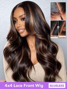 1pc Fashionable Middle Part Long Curly Wig Wear And Go Glueless Wigs Human Hair Pre Plucked Pre Cut Lace No Glue Body Wave Lace Front Wigs Bleached Knots Upgraded Lace Front Wigs For Black Women Human Hair Glueless With Natural Hairline 180% Density 8-22 24 26 28 30 Inch Highlight Body Wave Wigs (Natural Black & #4/30) - Multicolor - View 19