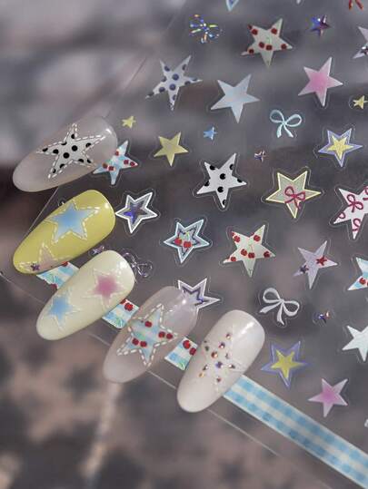 金属美甲贴纸 可爱网格图案 星星蝴蝶结 樱桃波点线条 彩色几何五角星 自粘美甲贴纸 美甲贴花