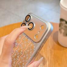 Blue Bow & Floral Print Phone Case With Metallic Orange Electroplated Frame & Integrated Camera Lens Protector For IPhone 16 17 16 15 14 13 12  Pro Max Plus Aesthetic Coquette Ribbon Shockproof Soft TPU Clear Cover - Blue - View 1