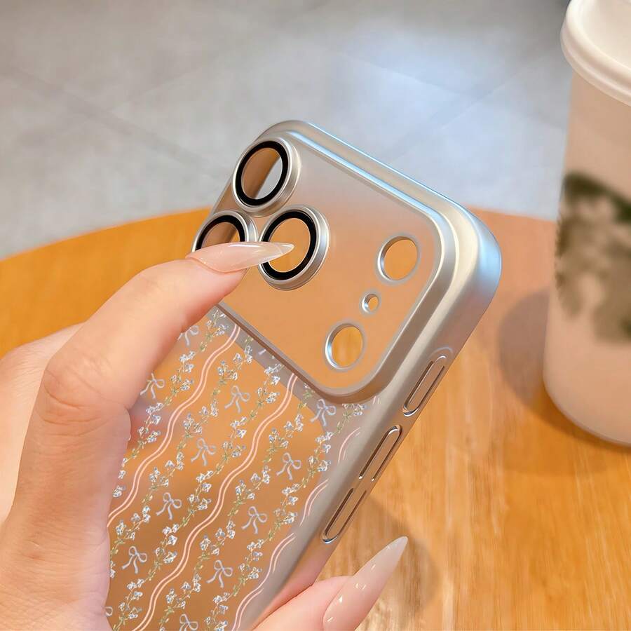 Blue Bow & Floral Print Phone Case With Metallic Orange Electroplated Frame & Integrated Camera Lens Protector For IPhone 16 17 16 15 14 13 12  Pro Max Plus Aesthetic Coquette Ribbon Shockproof Soft TPU Clear Cover - Blue - View 1