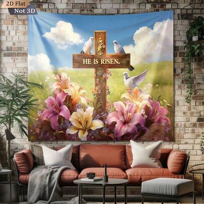 1 件复活节主题挂毯，饰有色彩缤纷可爱的十字架、鸽子和花卉图案，适用于客厅和卧室的墙面装饰，独特的家居装饰，包含免费配件
