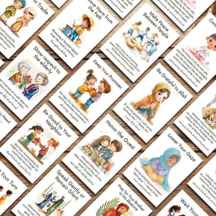 30pcs Islamic Manners Flashcards - Muslim Values Cards With Adorable Cartoon Illustrations - Learn Good Manners, Anger Control, Charity & Truthfulness, Eid Gift & Ramadan Activity - Multicolor - View 1