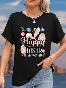 Unisex, Women's Easter Bunny & Floral Print T-Shirt - Macaron-Colored Spring Hues, Easter Egg-Themed Design, Loose-Fitting Short-Sleeve Casual Top, Suitable For Easter Party Outfits, Spring Celebrations, And Casual Wear - Comfortable Short-Sleeve Shirt For All Seasons, Mens Clothes, Graphic Tees Men, Graphic Tees Women, Mens Clothes, Graphic Tee, Cool Tee, Men, Men's Clothing, Funny Shirts, Summer Tops, Summer, Vacation Outfits, Summer Tops BB09 - 黑色 - 查看 1