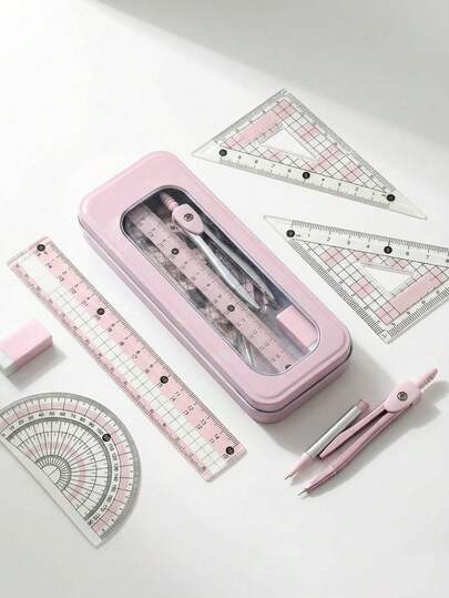 7 Stücke Lineal und Zirkel Set inklusive Winkelmesser, praktisch und modisch, ideal für Matheunterricht und Schülergeschenke. Dieses 7-teilige Werkzeugset beinhaltet ein Lineal, einen Zirkel, ein Dreieck, einen Winkelmesser und eine Schablone - unverzichtbare Lernwerkzeuge und grundlegende Schreibwaren für Studenten.