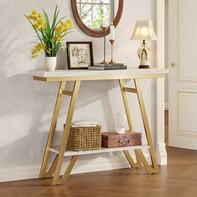 White Gold Entryway Table, Entryway Table With 2 Storage Shelves, Sturdy Entryway Table, Anti-Tip Safety Hallway Table For Living Room, Entry, Foyer, Small Spaces