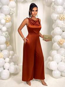 AIJ Amarilo Women's Solid Satin Wide Leg Jumpsuit - Sleeveless Cinched Waist, Elegant For Commuting, Spring/Summer - Reddish Brown - View 6