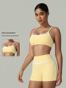 Bộ đồ thể thao 2 món mùa xuân hè dành cho nữ, gồm áo ngực và quần short tập yoga, chạy bộ. - Màu vàng - Xem 2