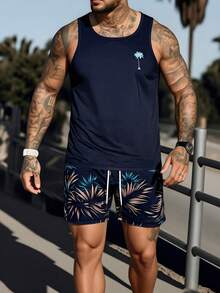 Men's Tropical Print Vest And Shorts Beach Outfit, Casual Holiday - Multicolor - View 3