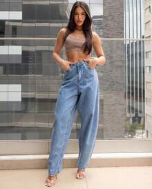 Women's Balloon Jeans, High Waist, Basic, Sky - Light Wash - View 1