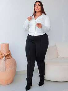 Jaqueta feminina casual elegante de camurça com zíper, mangas regulares na altura do pulso e gola decotada - Branco - Visão 6