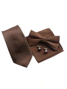 ZONFAZ 4pcs Men's Business Minimalist Solid Ribbed 8cm Necktie, Bow Tie, Pocket Square & Cufflinks Combo Set, Suitable For Weddings, Parties And Daily Commute - Brown - View 2